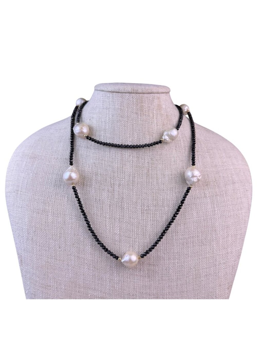 Long Necklace Of Baroque Pearls & Faceted Black Spinel Beads Handmade Elegant